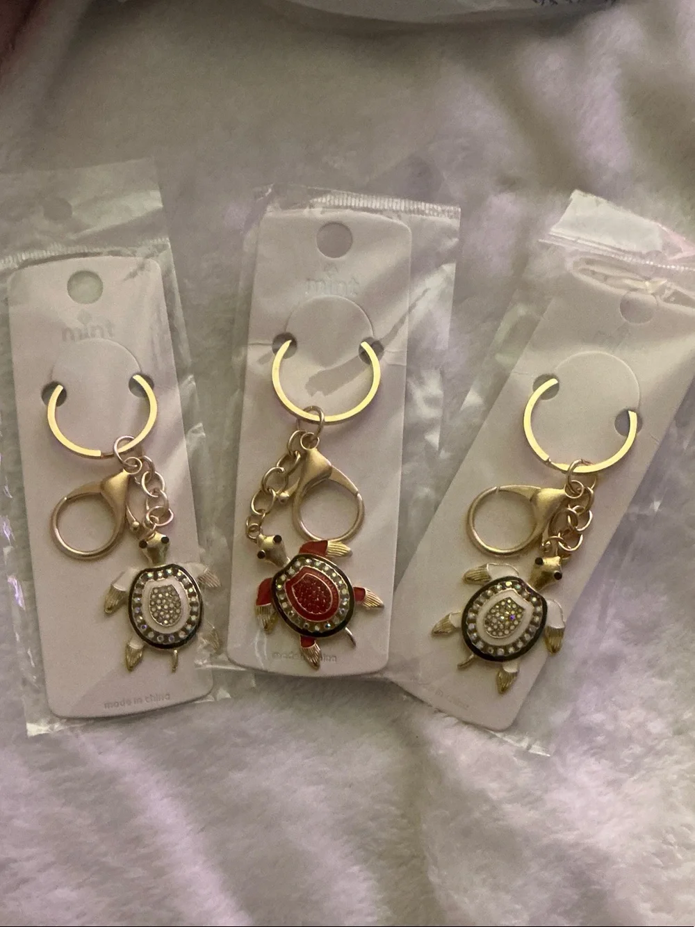 Mint Gold-Tone 3 Piece Bundle Turtle Keychains Charm with Red and White Enamel
